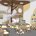 Kindergarten Indoor Space With Tree Structure Spiral Slide Wooden Tables And Colorful Floor