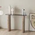 Glass Top Console Table With Wooden Legs White Vases Floor Lamp And Green Plant