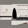Modern Minimalist White Boutique Interior Featuring Curved Design Shelves Mirror and Green Plant