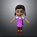 3D Cartoon Girl Character With Black Hair Pigtails Purple Striped Dress And Red Shoes