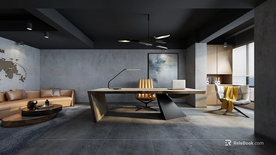 Modern Office Interior Design With Desk Sofa Wooden Cabinets Office Chair And Table Lamp 3d model 