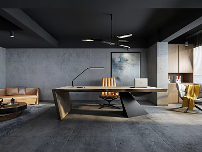 Modern Office Interior Design With Desk Sofa Wooden Cabinets Office Chair And Table Lamp 3d model