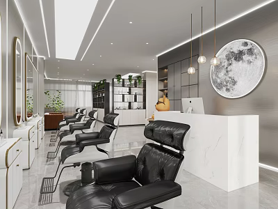 Modern Beauty Salon Interior With Black Leather Chairs Marble Counter Mirrors And Moon Artwork 3d model