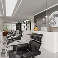 Modern Beauty Salon Interior With Black Leather Chairs Marble Counter Mirrors And Moon Artwork