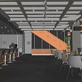 Modern Café Interior With Exposed Ceiling Beams Wooden Staircase Bar Counter And Dining Tables