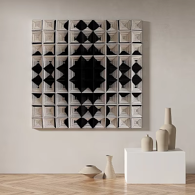 Abstract Painting Black White Geometric Square Diamond Central Design Near Ceramic Vases White Cabinet 3d model