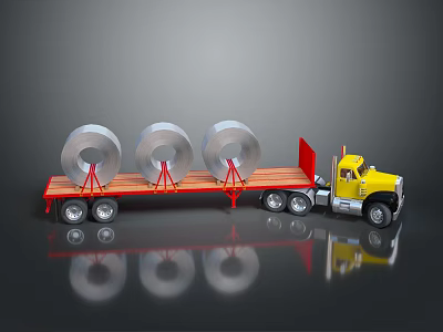 Yellow Flatbed Truck Carrying Three Silver Discs on Gray Reflective Surface 3d model