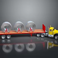 Yellow Flatbed Truck Carrying Three Silver Discs on Gray Reflective Surface 3d model