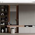 Modern Wardrobe Interior With Gray Ribbed Panels Wooden Accents Mirror Storage Drawers And Decorative Items