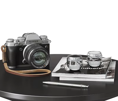 Modern Digital Camera With Leather Strap On Table Near Glasses Magazine And Pen 3d model