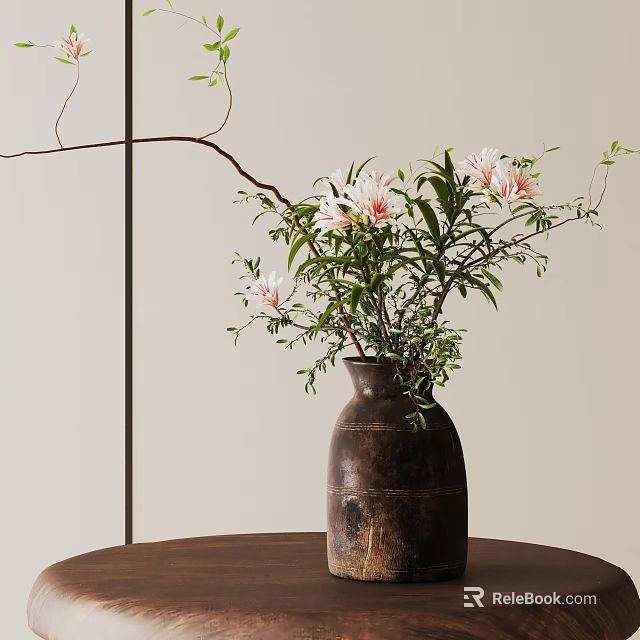 Bonsai Potted Plant With Pink White Flowers Green Leaves Branches In Brown Pot On Wooden Table 3d model 