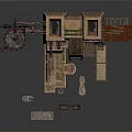 Industrial Scene Components With Stone Tower Gear Mechanism And Wooden Platform