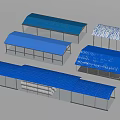 Multiple Prefabricated Building Components Featuring Blue Roofs And Metal Frames