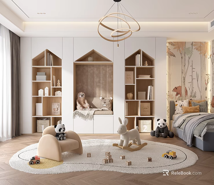Cozy Kids Room With Playful Toys And Bookshelves 3d model 