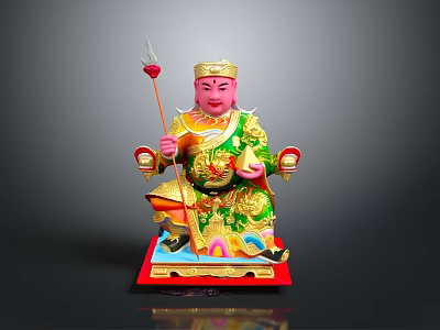 Traditional Deity Statue With Green Gold Robe Scepter Ingot And Red Base 3d model