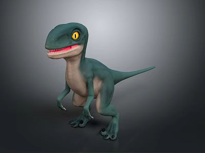 Teal Dinosaur 3D Model With Light Colored Belly Yellow Eyes Open Mouth And Sharp Teeth 3d model