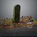 Green Moss Covered Column On Colorful Textured Base With Small White Elements