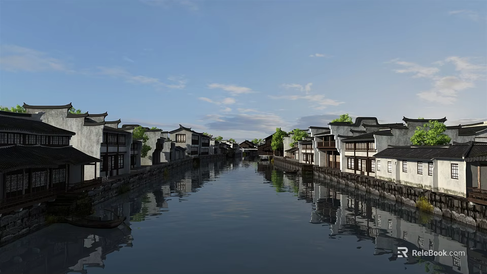 Ancient Architecture Along River With White Walls Black Roofs Reflections Under Blue Sky 3d model 