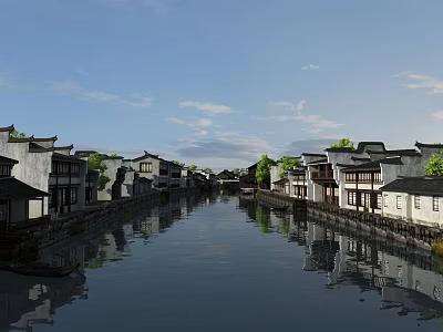 Ancient Architecture Along River With White Walls Black Roofs Reflections Under Blue Sky 3d model