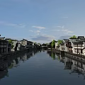 Ancient Architecture Along River With White Walls Black Roofs Reflections Under Blue Sky