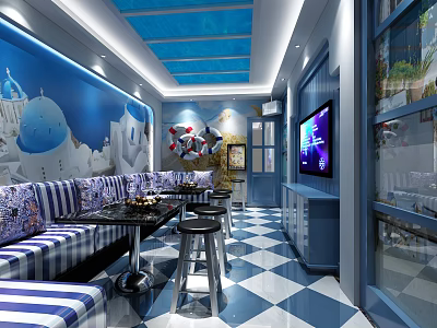 Blue and White Themed KTV Room with Striped Sofas Checkerboard Floor Blue Ceiling and TV Screen 3d model