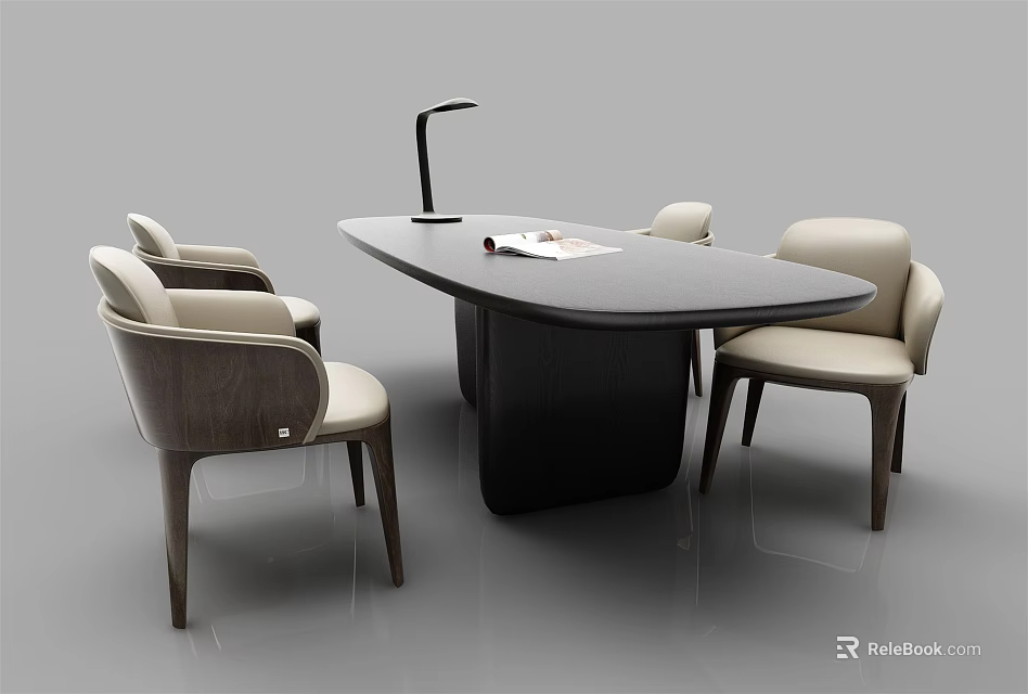 Modern Dining Table Set With Black Top Beige Chairs Wooden Legs And Table Lamp 3d model 