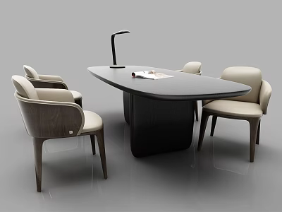 Modern Dining Table Set With Black Top Beige Chairs Wooden Legs And Table Lamp 3d model