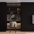 Modern Living Dining Room Interior With Black Cabinets Round Mirror And Wooden Floor