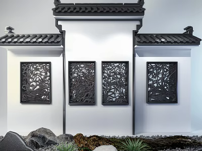 Chinese Style Garden Ornaments With Carved Screens White Wall Stone Decor And Roof Eaves 3d model