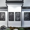 Chinese Style Garden Ornaments With Carved Screens White Wall Stone Decor And Roof Eaves