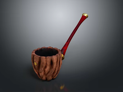 Handcrafted Wooden Smoking Pipe With Textured Bowl Red Stem And Gold Accent 3d model