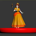 Elegant Game Movie Character In Yellow Dress With Crown Holding Torch On Red Checkerboard Platform