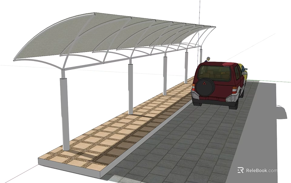 Outdoor Curved Roof Carport with Supporting Poles for Car Parking on Paved Ground 3d model 