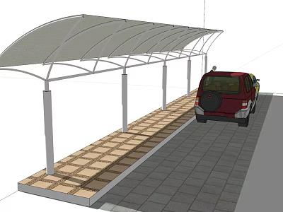 Outdoor Curved Roof Carport with Supporting Poles for Car Parking on Paved Ground 3d model