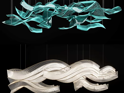 Modern Teal and White Wavy Flowing Chandelier Design for Interior Decor 3d model