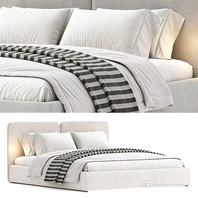 Modern Double Bed With White Pillows Comforter Headboard And Striped Blanket 3d model 