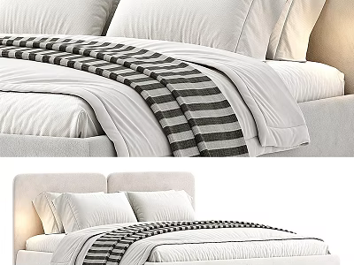 Modern Double Bed With White Pillows Comforter Headboard And Striped Blanket 3d model