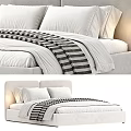 Modern Double Bed With White Pillows Comforter Headboard And Striped Blanket