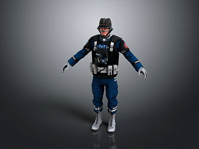 Game Movie Character In Blue Black Uniform With Helmet And Armor Standing Pose 3d model