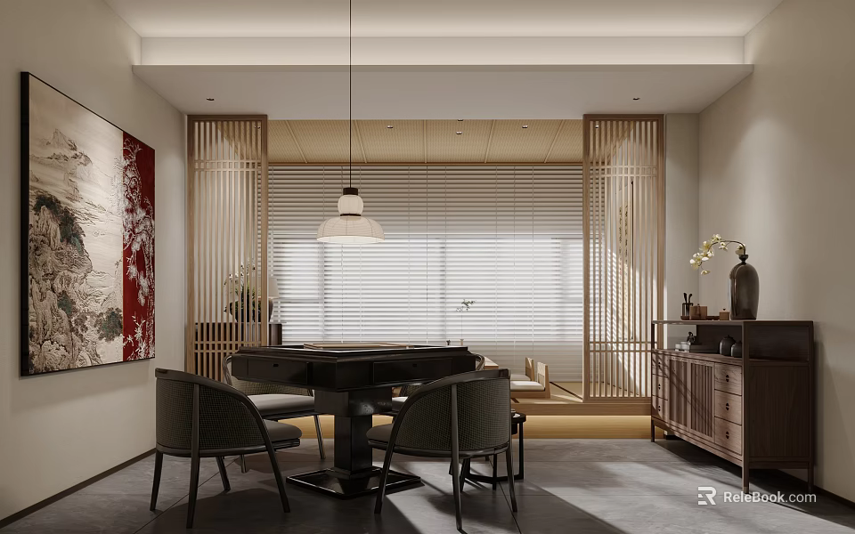 Chinese Style Game Room With Billiard Table And Artistic Decor Elements 3d model