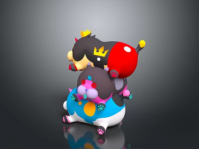 Black Crown Character Riding Pink Spotted Creature With Red Ball And Colorful Patterns 3d model