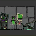 Vintage Electronic Equipment Setup With Multiple Monitors Control Console Reclining Chair And Green Glowing Pipe