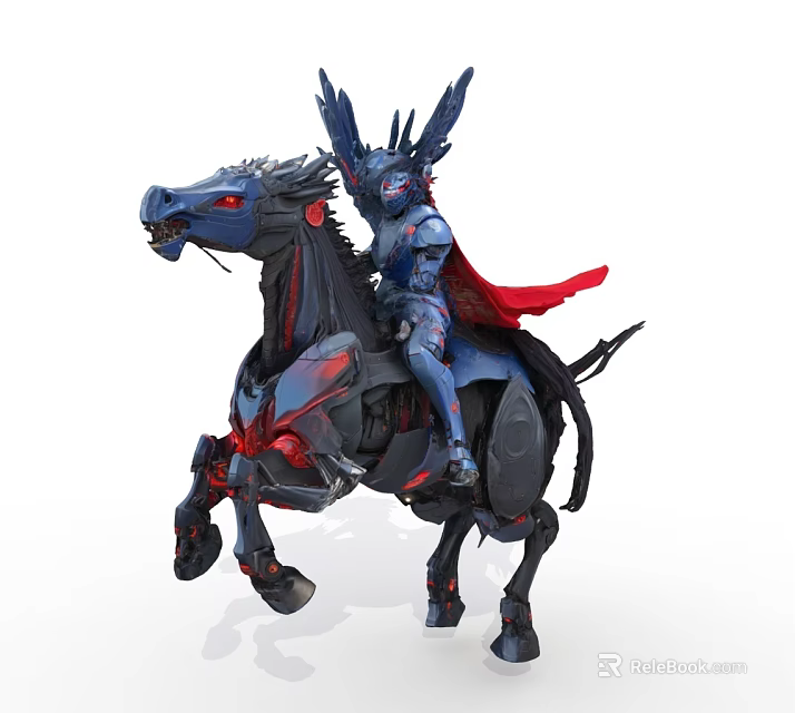 Man riding black mechanical horse in blue armored suit with red cape and wings 3d model 
