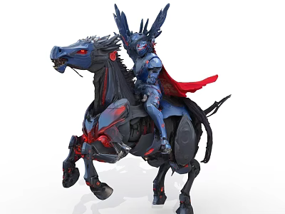 Man riding black mechanical horse in blue armored suit with red cape and wings 3d model