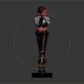 3D Female Character Model Front Back View With Braided Hair Tactical Costume On Black Base