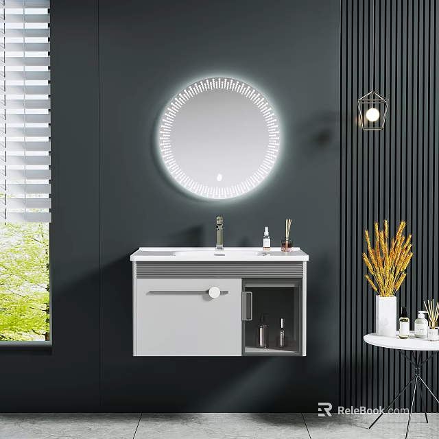White Bathroom Cabinet With Illuminated Round Mirror And Storage In Modern Bathroom 3d model 