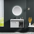 White Bathroom Cabinet With Illuminated Round Mirror And Storage In Modern Bathroom