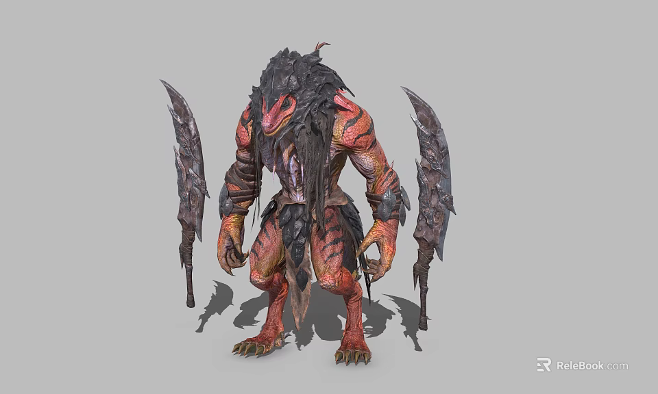 Fantasy Warrior Creature With Muscular Build Red Black Scaled Skin And Large Bladed Weapons 3d model 