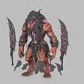 Fantasy Warrior Creature With Muscular Build Red Black Scaled Skin And Large Bladed Weapons