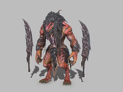 Fantasy Warrior Creature With Muscular Build Red Black Scaled Skin And Large Bladed Weapons 3d model